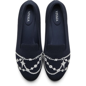 image:imageVIVAIA Audrey Embroidered Loafers RoundToe Smart Casual Comfortable Slip OnNavy  Silver Pearl
