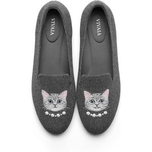 image:imageVIVAIA Audrey Embroidered Loafers RoundToe Smart Casual Comfortable Slip OnRich Grey  Silver British Cat