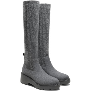 image:imageVIVAIA Eduarda Womens Wool Knee High Boots Round Toe Platform Wedge Chunky Boots Comfortable Warm for Fall WinterRich Grey